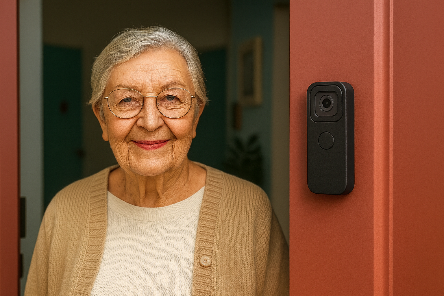 Bewohnerin nahe einer Tür mit diskreter Kamera