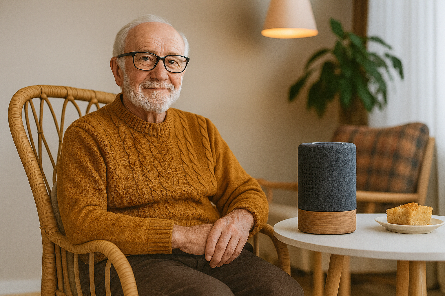 Bewohnerin lächelt im Zimmer mit Cognibox